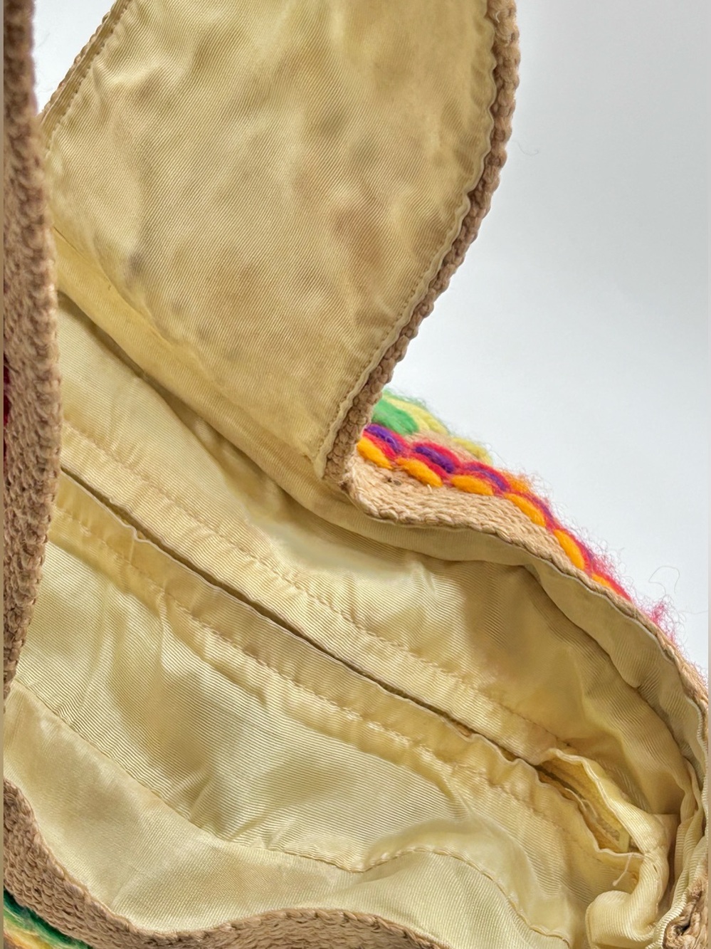 Vintage 70s Burlap Purse Bag Tote Multi Color Embroidery BOHO Hippie 14" - Picture 5 of 11